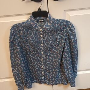 Panther Vibtage Blue Floral Peasant Blouse